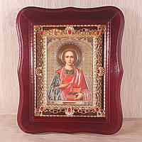 Икона Пантелеймон святой великомученник и целитель, лик 15х18 см, в темном деревянном киоте с камнями