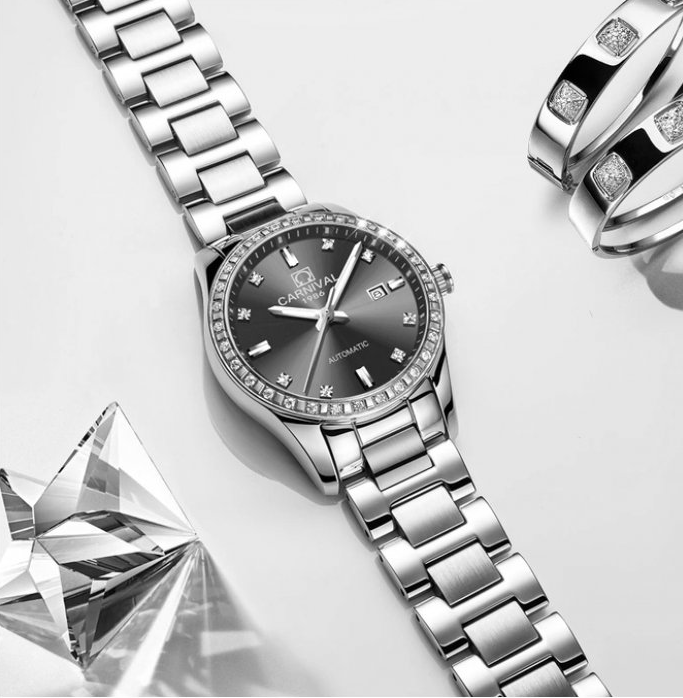 Стильний наручний жіночий механічний годинник із металевим ремінцем із японським механізмом з автопідзаводом, фото 1