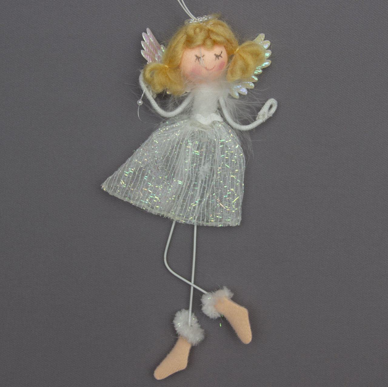 Новорічна ялинкова іграшка - фігурка Янголятко в білій сукні, 15 см, білий, текстиль (220945-5), фото 1