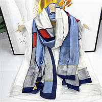 Женский шелковый шарф нашейный бело-голубой в горошек 180*90 см