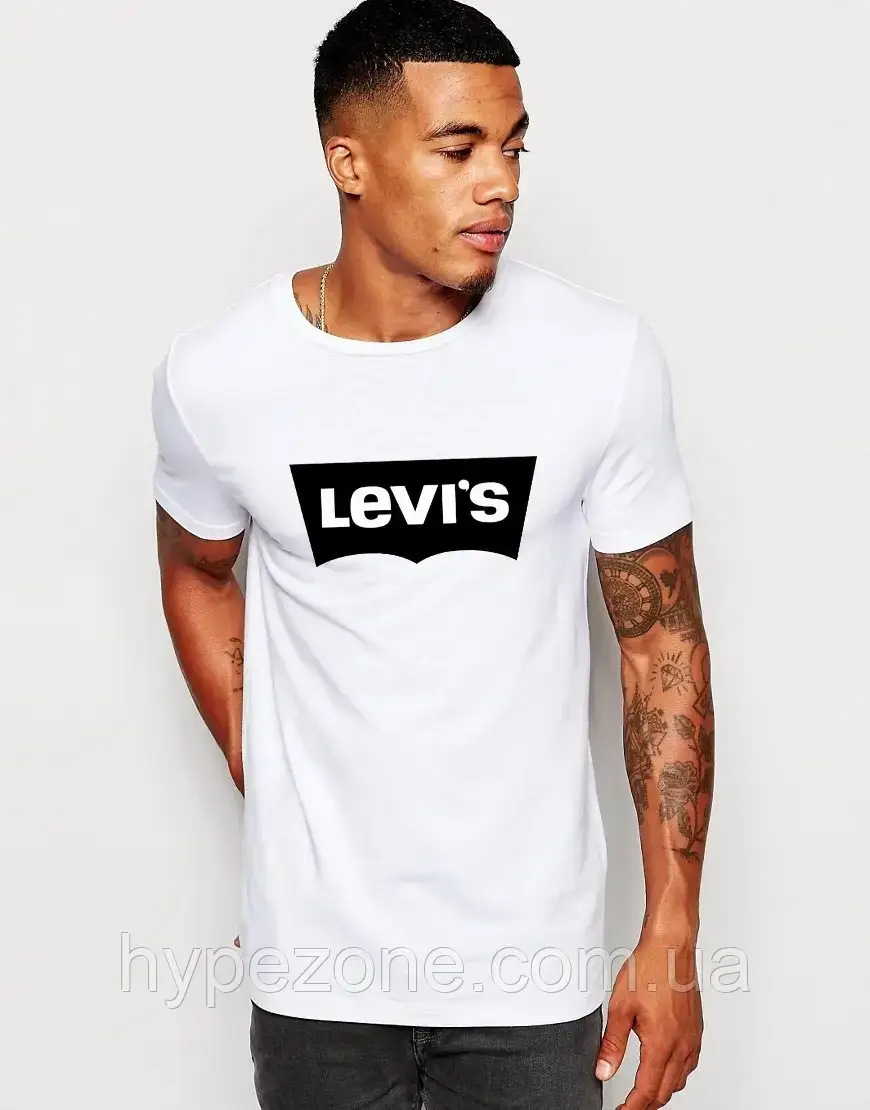 Футболка чоловіча Levis білго кольору Спортивна трикотаж хлопцю футболка Левіс з принтом Ливайс бавовняна Левайс