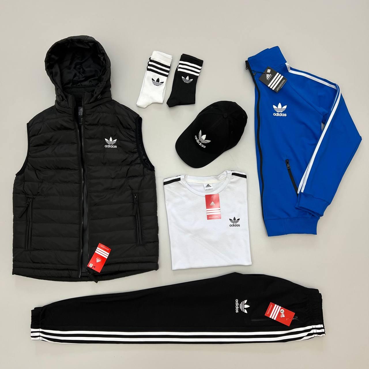 Чоловічий костюм Adidas 6в1 Жилетка + Кофта + Штани + Футболка + Шкарпетки синій з чорним Адідас весняний