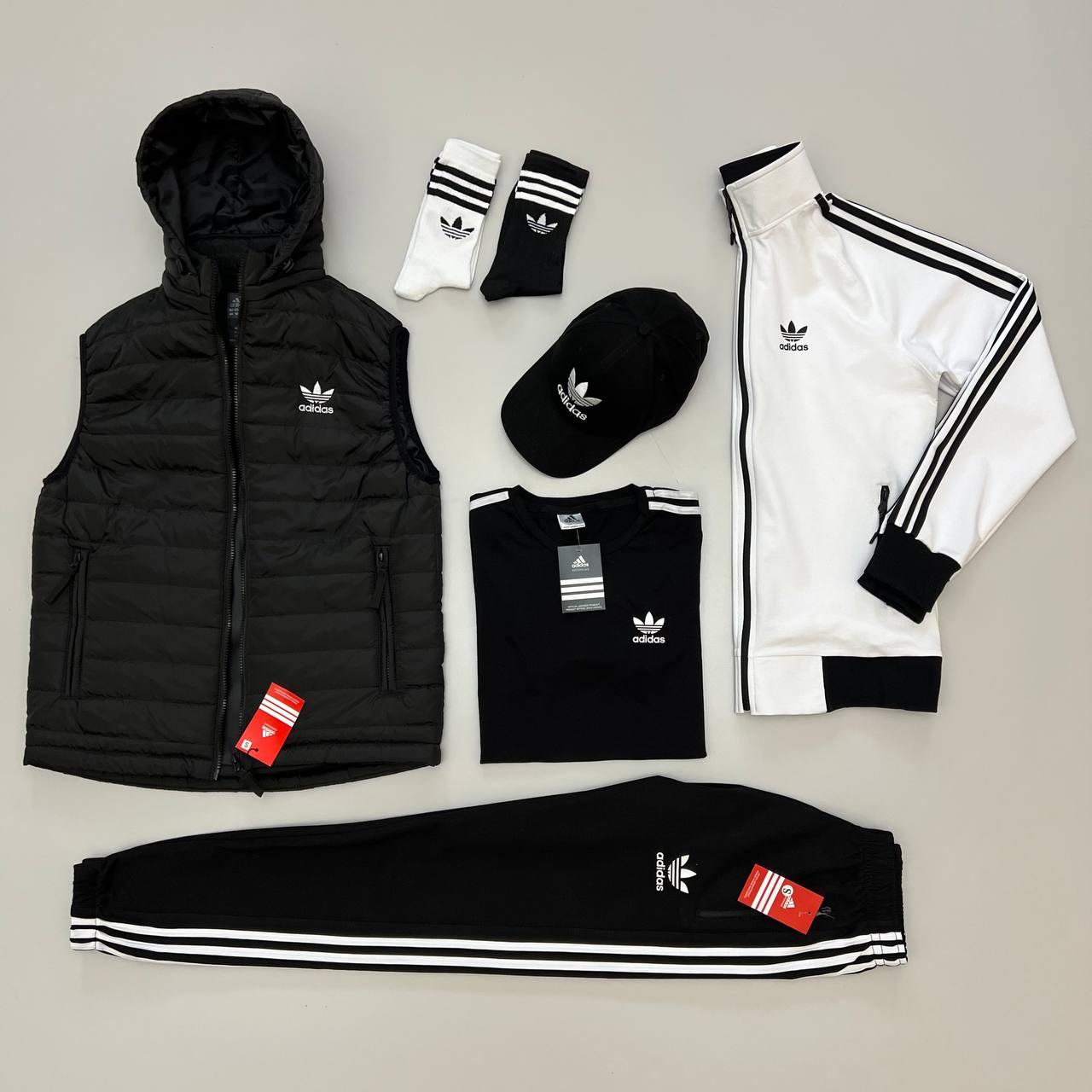 Чоловічий костюм Adidas 6в1 Жилетка + Кофта + Штани + Футболка + Шкарпетки чорний з білим Адідас весняний