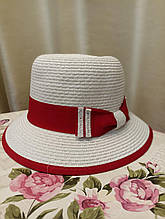 Капелюх жіночий пляжний плетений (білий із червоним бантом) LULOVE C4411