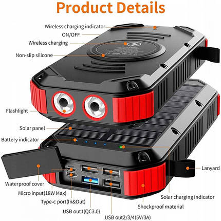 Зовнішній акумулятор на сонячній батареї Powerbank Solar з ліхтариком, бездротова зарядка JIGA 30000 мА·год, фото 1
