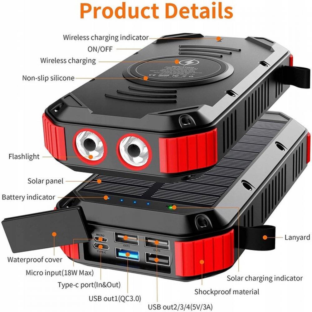 Зовнішній акумулятор на сонячній батареї Powerbank Solar з ліхтариком, бездротова зарядка JIGA 30000 мА·год