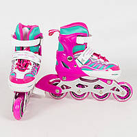 Ролики для девочки Размер 31-34 С мягким ботинком С раздвижной системой и полиуретановыми колесами Розовые