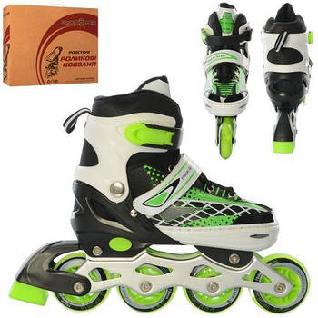 Ролики для дівчаток та хлопчиків Бакля+шнурівка З поліуретановими колесами заднім гальмом Розсувні Зелені