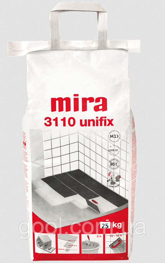 Клей Mira 3110 Unifix (Міра 3110) колір білий для плитки та каменю еластичний C2TE S1 для електричної теплої підлоги мішок 25 кг