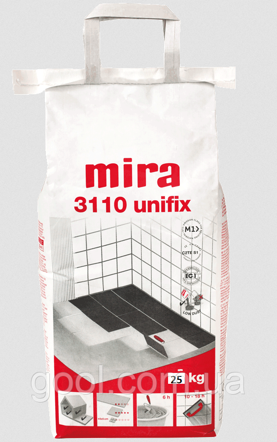 Клей Mira 3110 Unifix белый цвет для плитки и камня эластичный (C2TE S1) для электрического тёплого пола 25кг - фото 1 - id-p1651353184