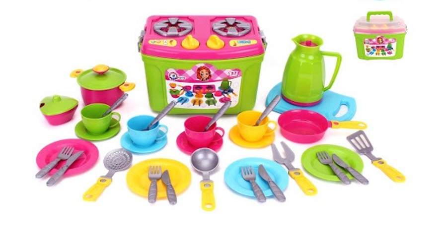 Іграшковий набір посуду Кухонька для дитини з плитою на 2 конфорки на 37 елементи В яскравій валізі Технок