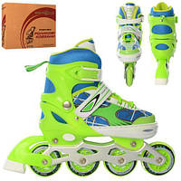 Ролики для ребенка со шнуровкой+баклей ПУ колесами стелькой 21 см и раздвижной системой размер 35-38 Зеленые