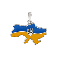 Кулон серебряный карта Украины с голубо-желтой эмалью и гербом посередине