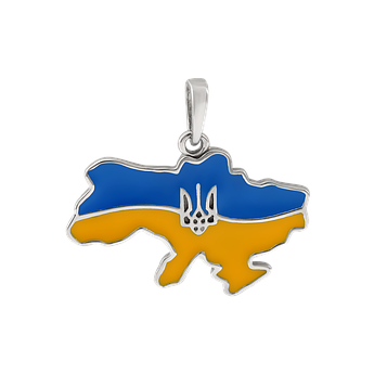 Кулон срібний мапа України із блакитно-жовтою емаллю та гербом посередині