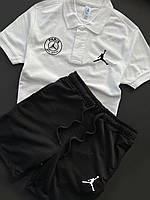 Комплект мужской Футболка поло + Шорты Jordan (Джордан) белый-черный Спортивный костюм летний двунитка