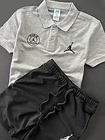 Комплект мужской Футболка поло + Шорты Jordan (Джордан) серый-черный Спортивный костюм летний двунитка