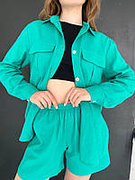 Женский летний костюм рубашка свободного кроя с карманами и шорты на высокой посадке 44-46/ 48-50 Ткань Лён