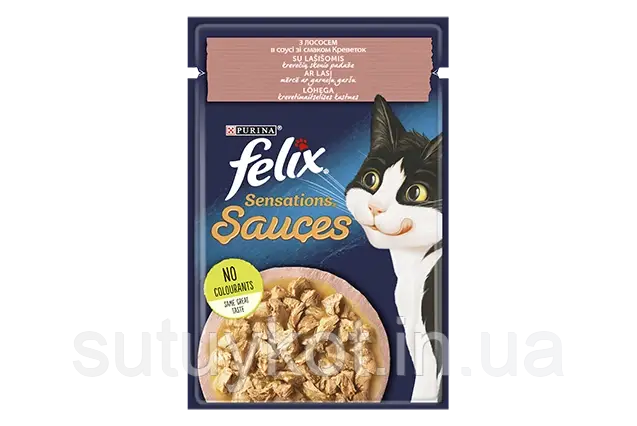 Purina Felix Sensations Sauces Феликс консервований корм для котів з лососем та креветкою у соусі, 85 гр.
