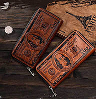 Мужской клатч портмоне доллар 100$ коричневый