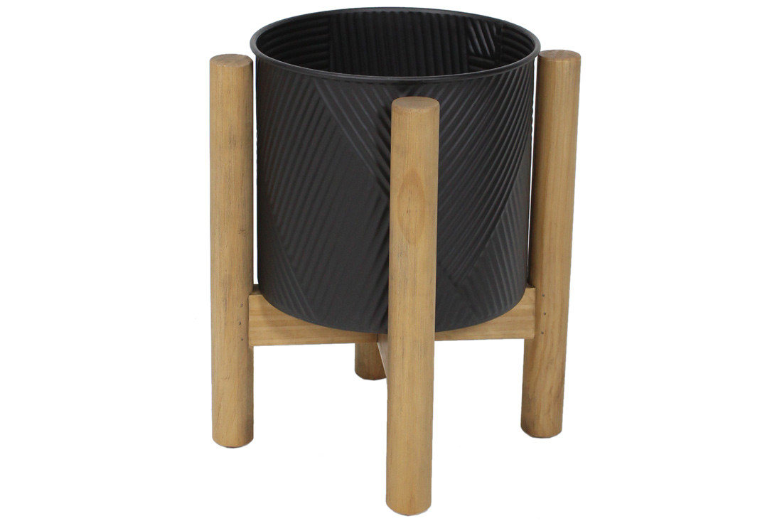 Кашпо металеве на дерев'яній підставці 35см, колір - чорний, фото 1