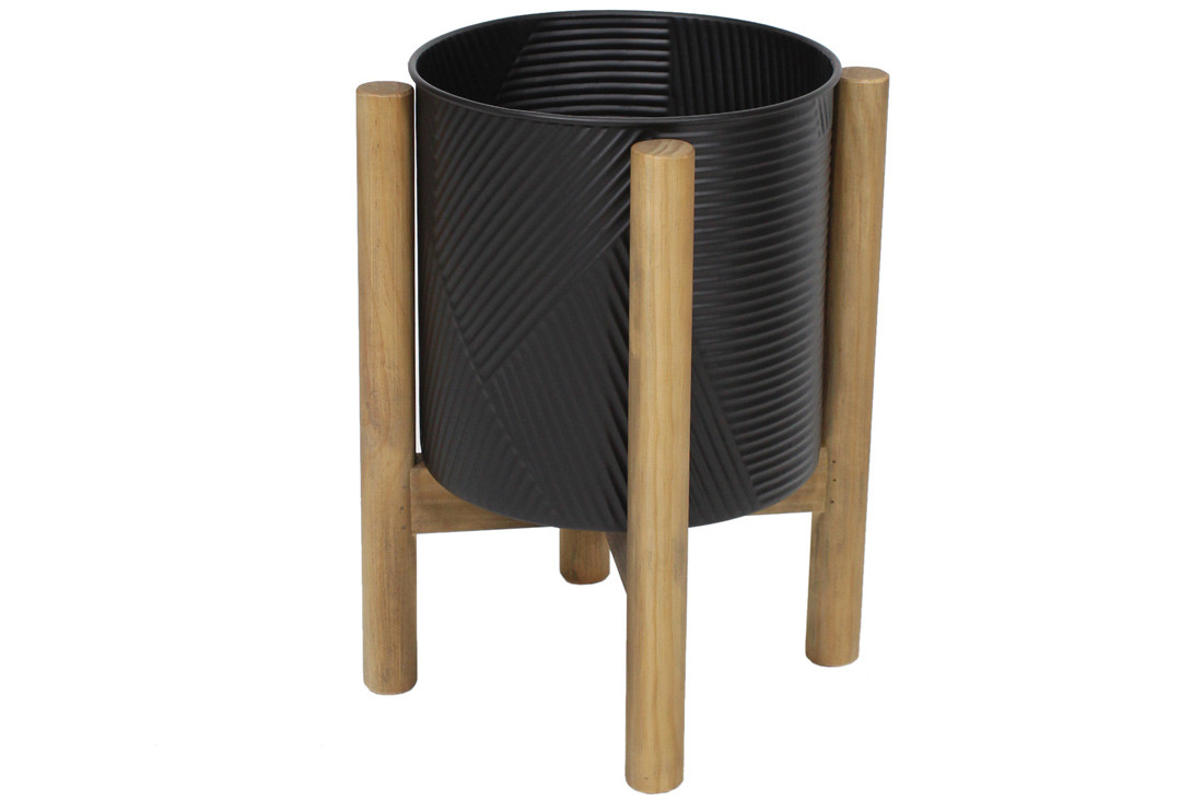 Кашпо металеве на дерев'яній підставці 42см, колір - чорний, фото 1