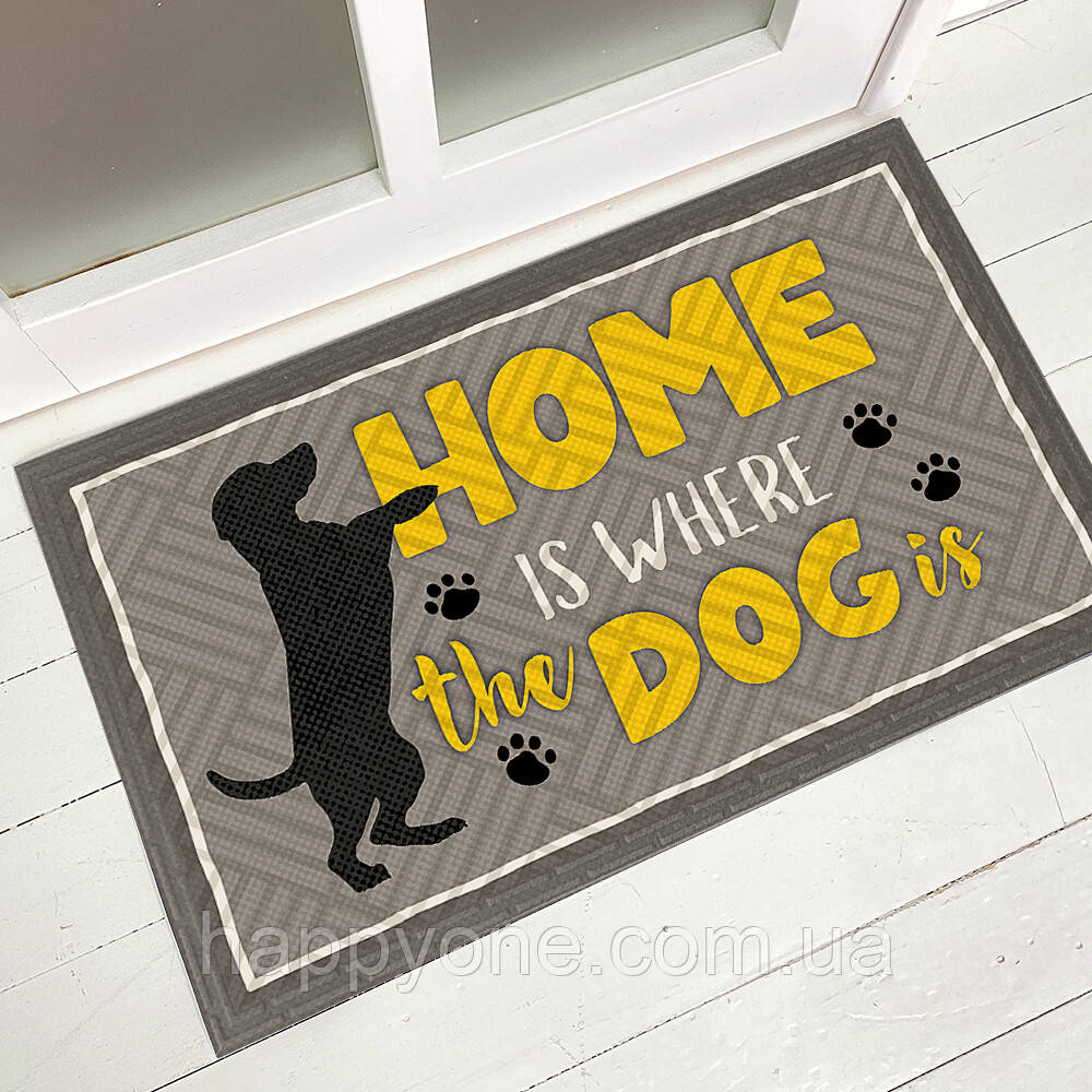 Килимок придверний з прикольним малюнком на гумовій основі Home is where the dog is