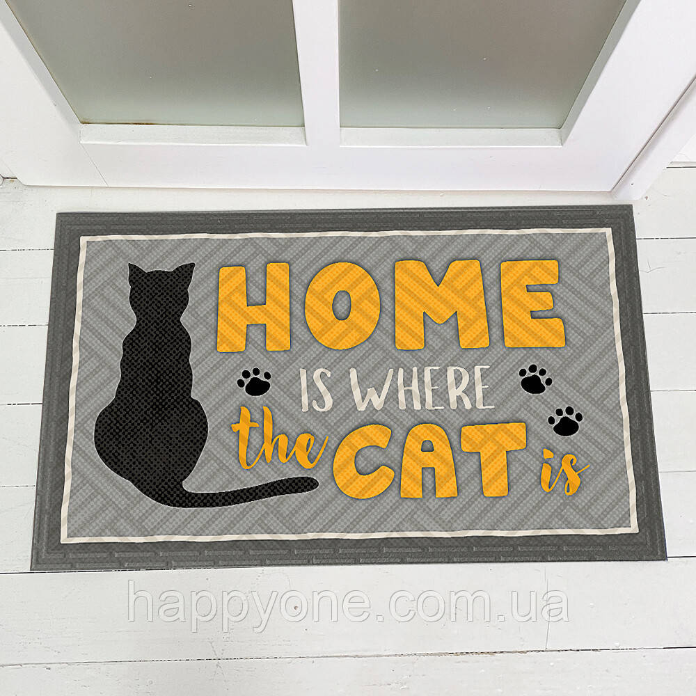 Килимок придверний з прикольним малюнком на гумовій основі Home is where the cat is, фото 1