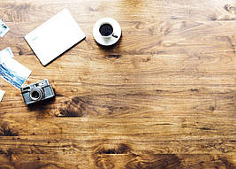 Фото-фон "Дошки, кава, фотоапарат" 50×70 см, фон для предметного знімання ПВХ (банерна тканина)