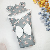 Зимний плед-конверт с ушками на выписку/прогулку "Бабочки" серый