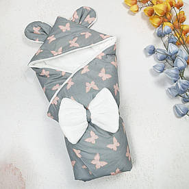 Зимовий плед-конверт з вушками на виписку/прогулянка "Метелики" сірий