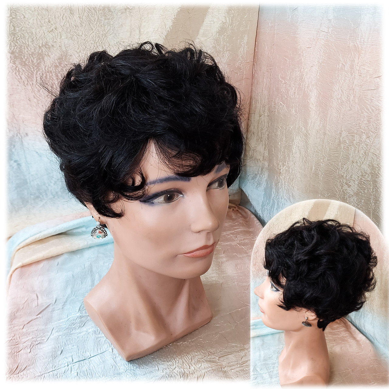 Перука коротка кучерява з натурального волосся чорна 561HH-1В, фото 1