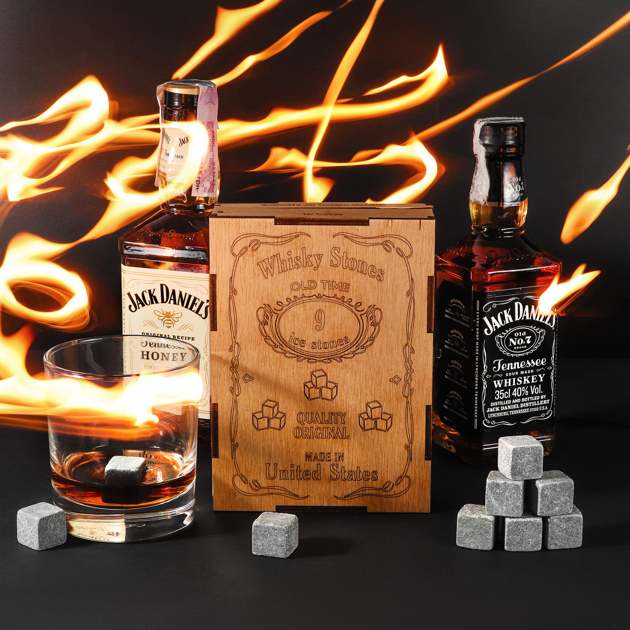 Подарунковий набір каменів для віскі на 9 шт. в дерев'яній коробці Whisky Stones