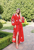 Красное платье с вышивкой, Женское платье с рукавами вышиванка, Платье в пол вышивка цветы, XL