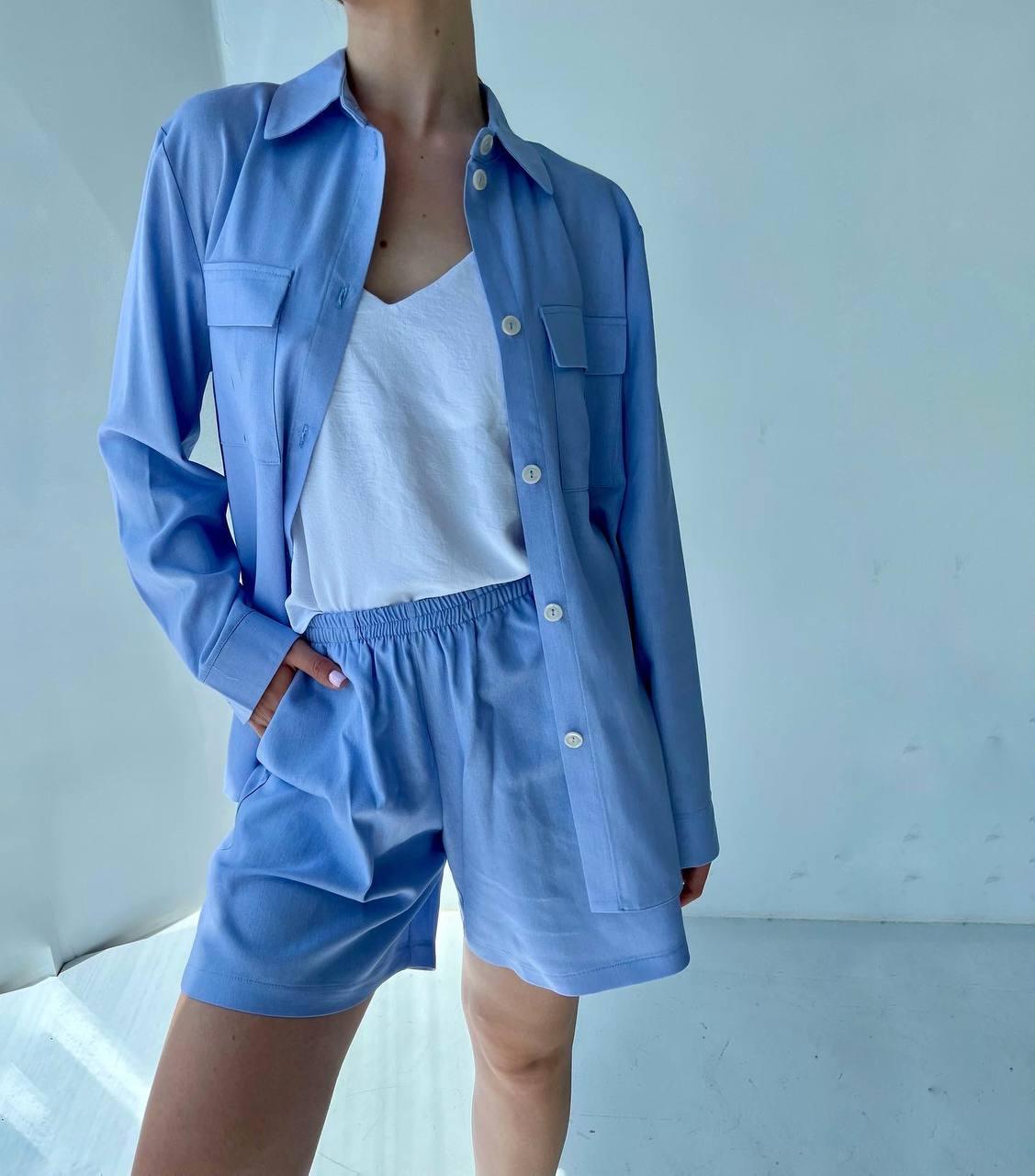 Жіночий літній костюм , вільна сорочка з карманами  та шорти  з карманами , якісна тканина Льон 44-48 Блакитний