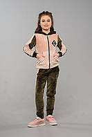 Детский велюровый спортивный костюм Olivia для девочек Серый-розовый Турция на весну осень лето Турецкий 146, Хаки