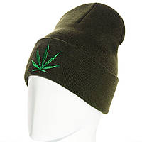 Двойная молодежная шапка лопата с вышивкой конопли Cannabis унисекс Хаки