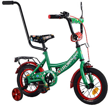 Велосипед двоколісний 12 дюймів з батьківською ручкою (дзвінок, дзеркало) Tilly EXPLORER T-21211 Зелений