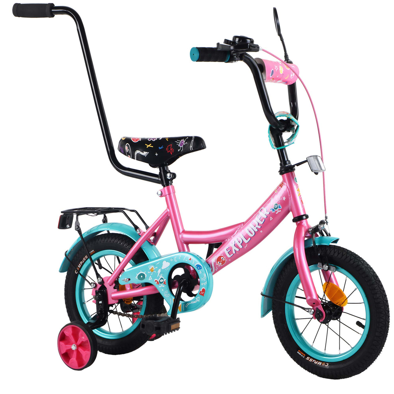 Велосипед двоколісний 12 дюймів з батьківською ручкою (дзвінок, дзеркало) Tilly EXPLORER T-21212 Рожевий