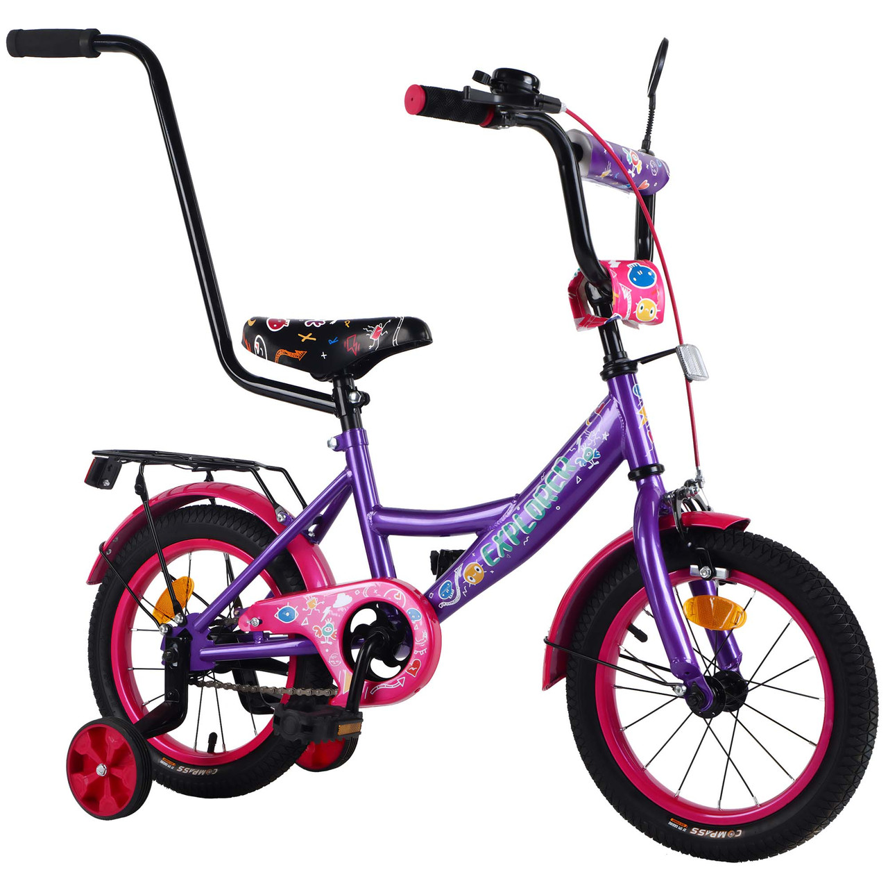 Велосипед двоколісний 14 дюймів з батьківською ручкою (дзвінок, багажник) Tilly EXPLORER T-214114 Фіолетовий