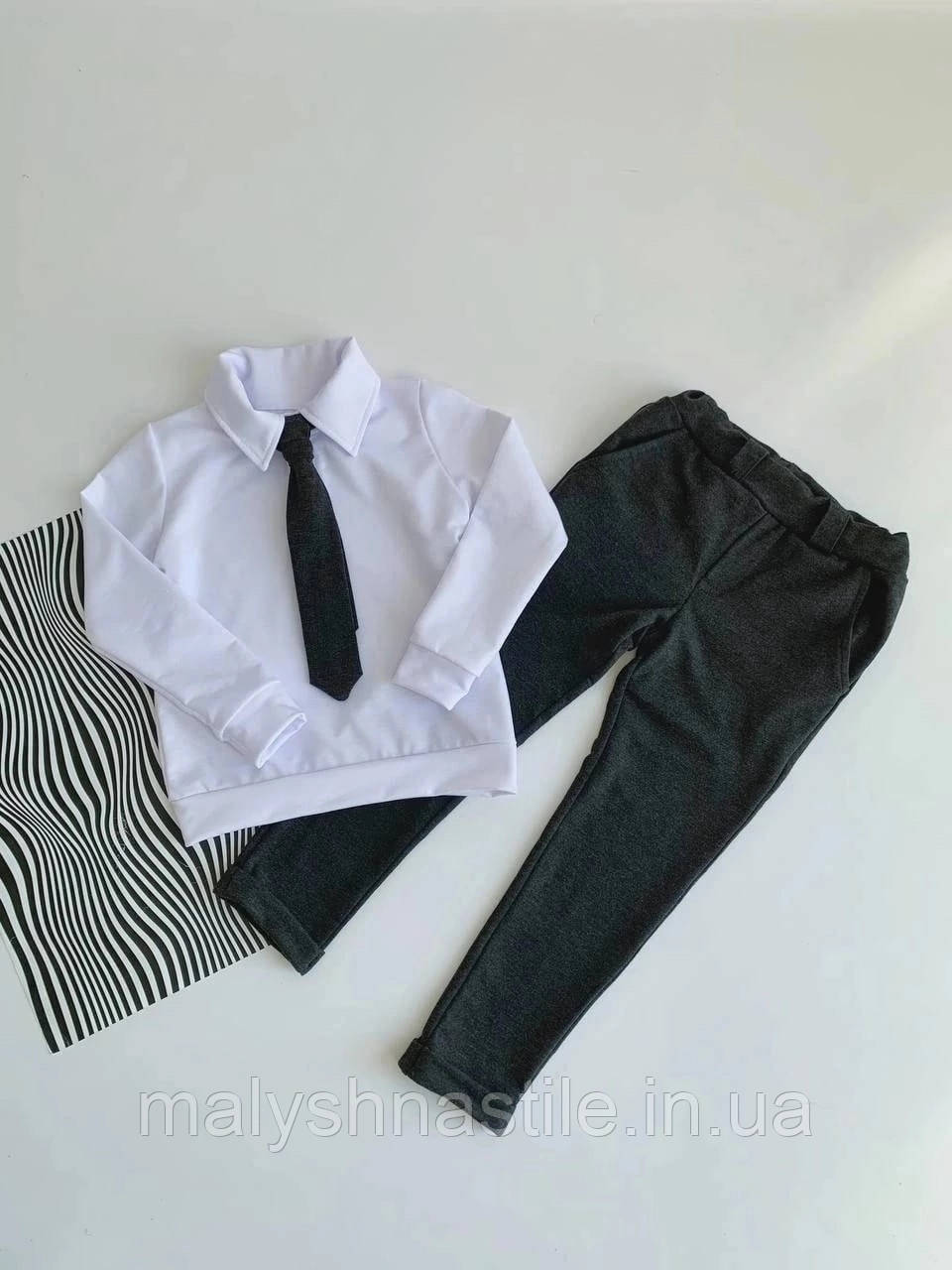 Дитячий ошатний костюм-двійка з краваткою для хлопчика, білий + сірий