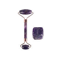 Набор роллер для массажа лица + скребок гуа ша Lesko HGL-8 Аметист из натурального камня (K-881S)