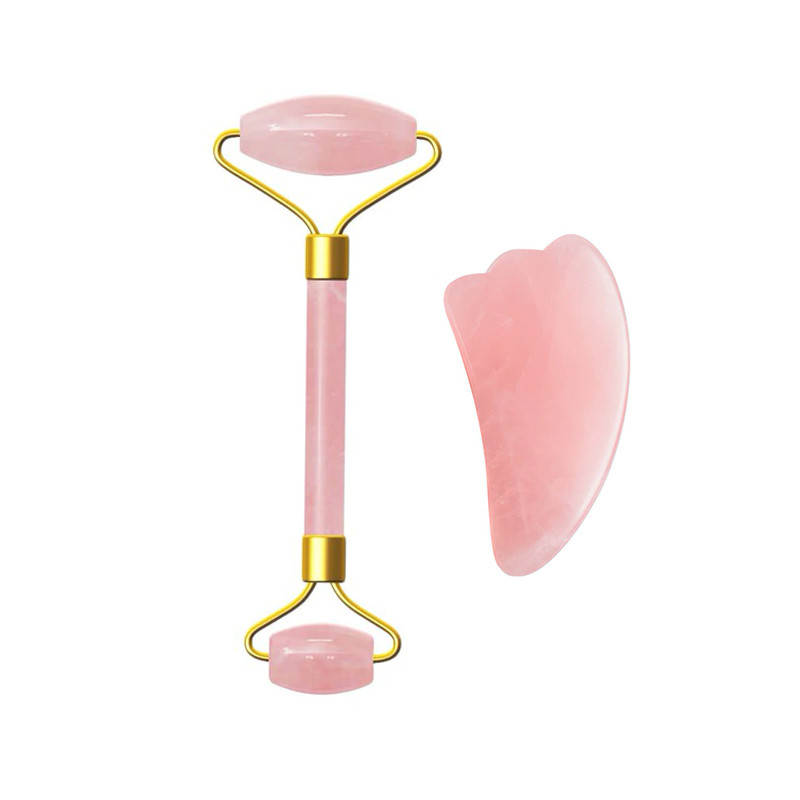 Набор Lesko GL009 Розовый кварц роллер для массажа лица + скребок гуа ша из натурального камня (K-677S) - фото 1 - id-p1651740511