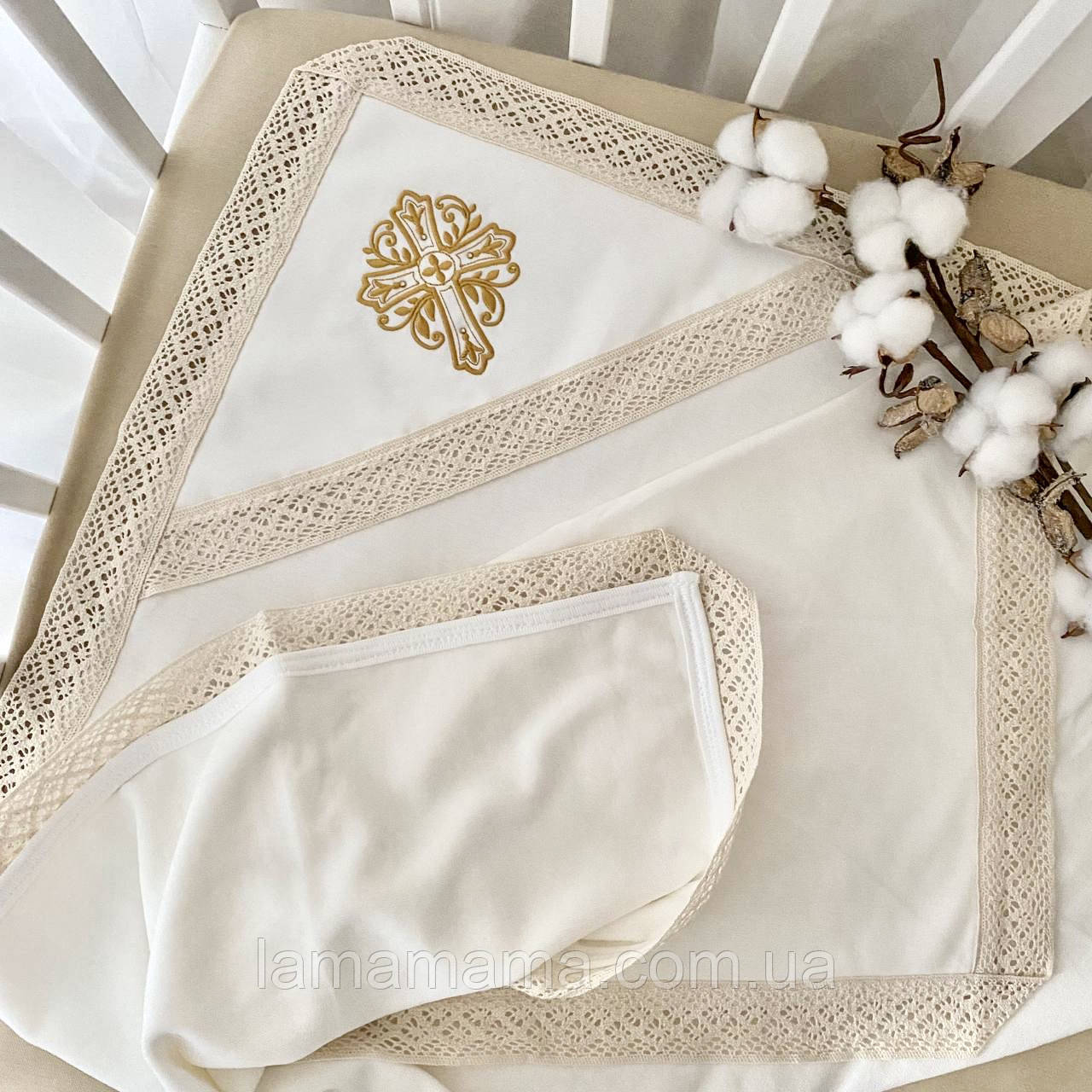 Тепла велюрова крижма для хрещення "Звичай-4" Молочний/Золото Велюр/кулір 85х100 см BetiS, фото 1