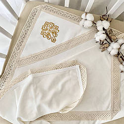 Тепла велюрова крижма для хрещення "Звичай-4" Молочний/Золото Велюр/кулір 85х100 см BetiS