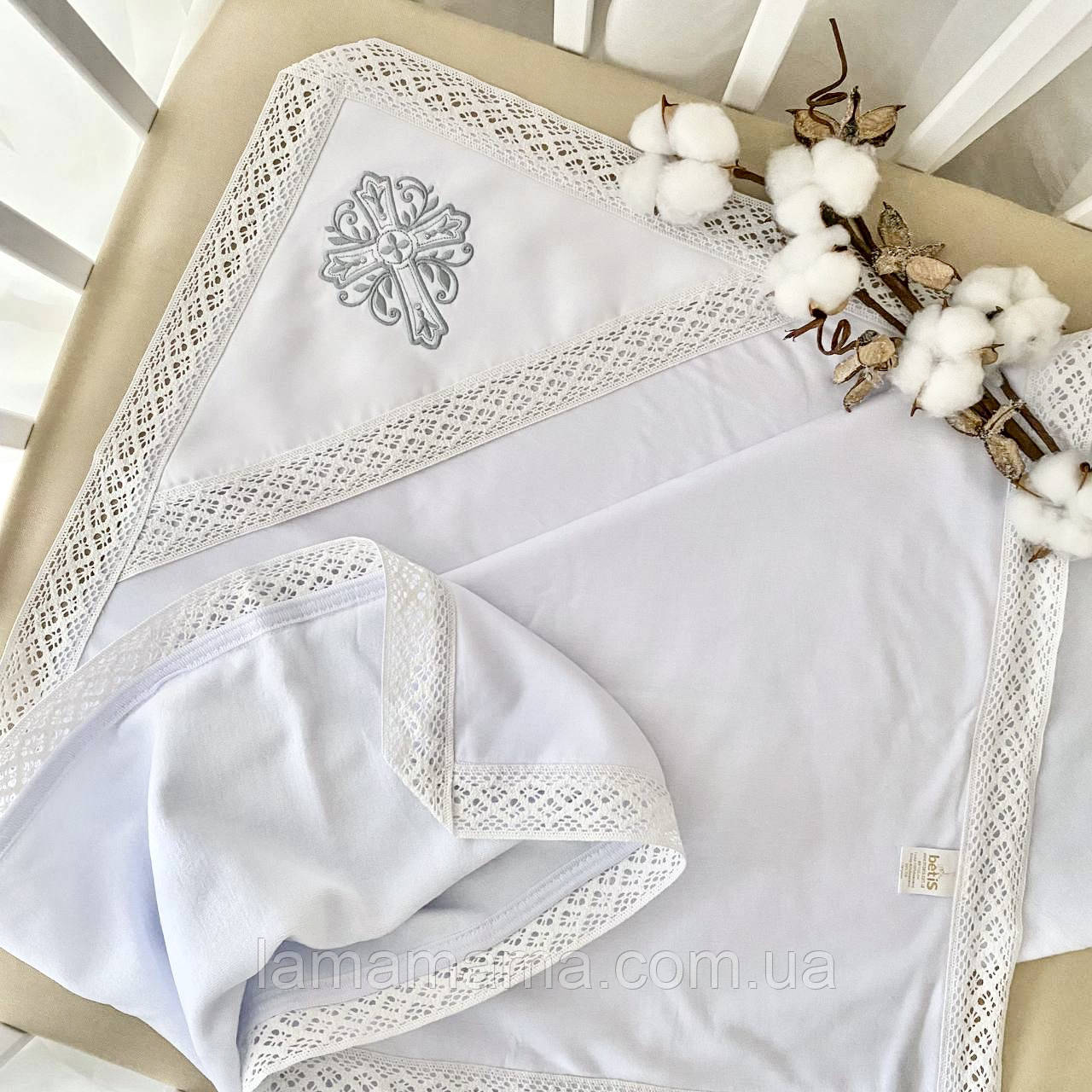 Тепла велюрова крижма для хрещення "Звичай-4" Велюр/кулір Білий/Срібло 85х100 см BetiS, фото 1