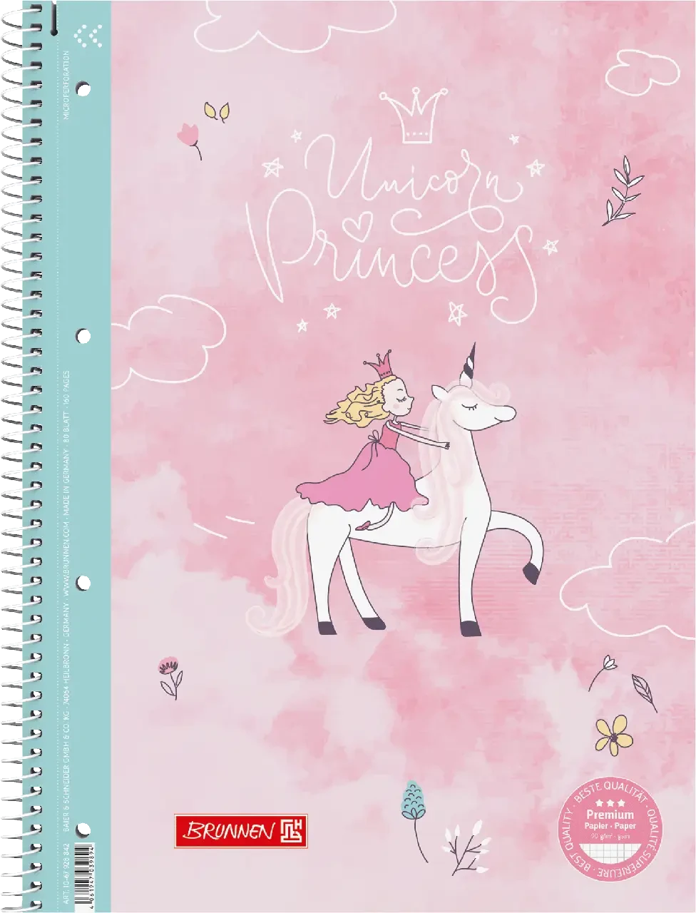 Тетрадь коледж-блок Brunen А4 на спіралі в клітині 80 аркушів 90 г/м2 обкладинка принцеса, єдиноріг