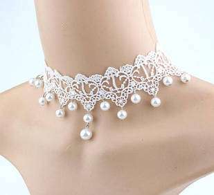 Чокер мереживний із перлами, білий