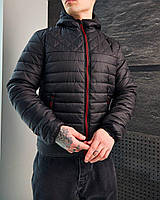 Мужская стеганная спортивная куртка на весну с капюшоном черный с подкладкой вышивка в ромбик (Bon)