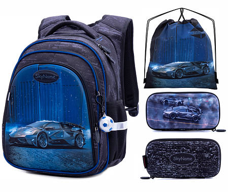 Рюкзак із пеналом і сумка в подарунок ортопедичний шкільний для хлопчика 1 клас синя Машина SkyName R2-181, фото 2