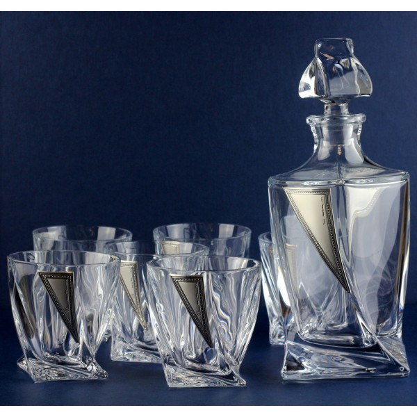 Подарунковий набір кришталевий графин та 6 келихів для віскі зі сріблом у подарунковій упаковці "Cardiff", фото 1